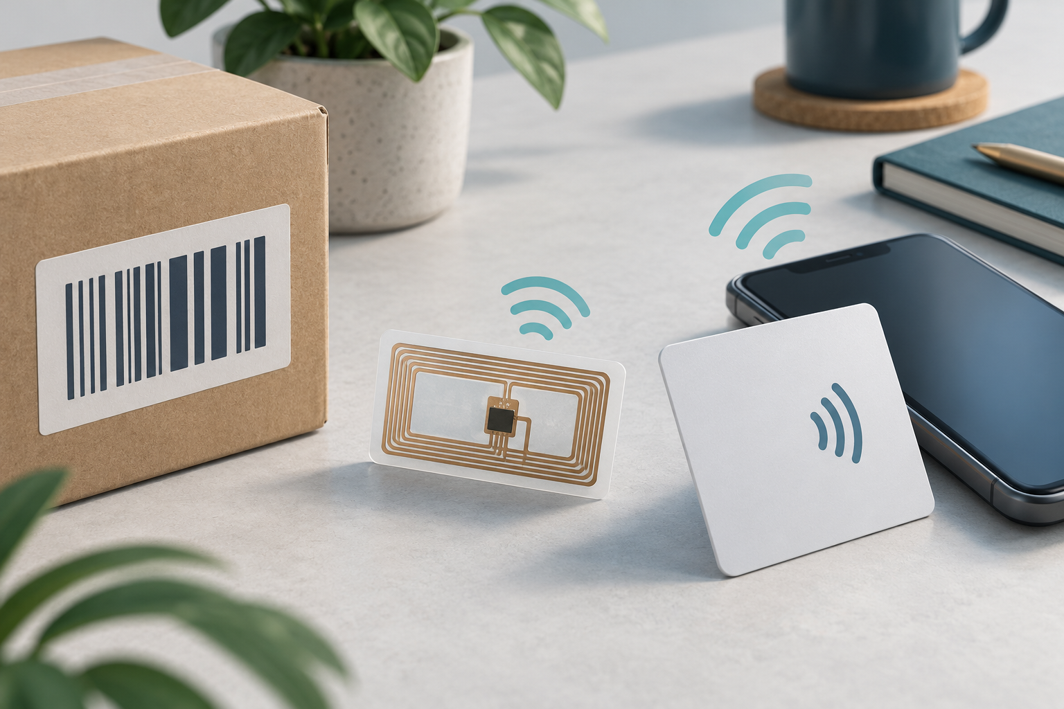 Illustrazione di un collo con barcode, un tag RFID e uno smartphone per la lettura NFC.