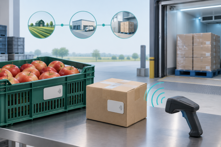 Illustrazione di casse alimentari etichettate e pallet collegati a informazioni di lotto.