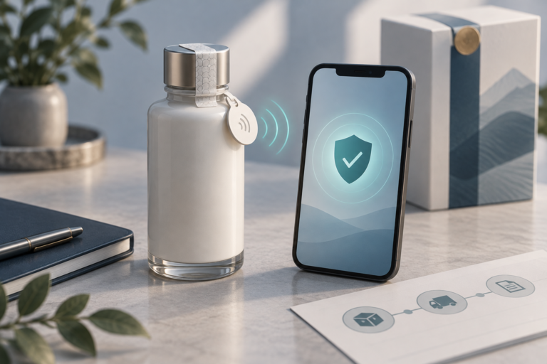 Illustrazione di un prodotto con etichetta NFC e una verifica digitale dell'identificativo.