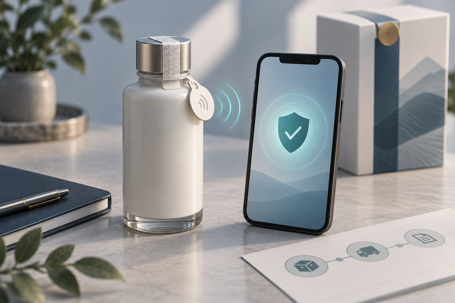 Illustrazione di un prodotto con etichetta NFC e una verifica digitale dell'identificativo.